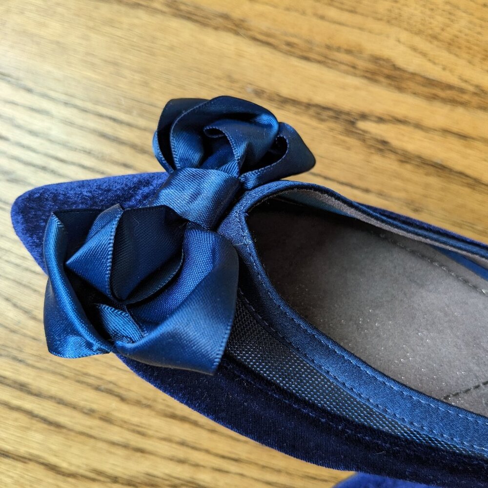 Velvet Navy Flat elegant shoes with a bow for a wedding or any special occasion
